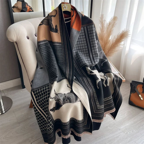 Thick Pashmina Shawl for Women - Luxury Cashmere Horse Print Poncho Wrap Scarf, Bufanda Travel Echarpe 2024 Blanket - Perfect Winter Gift for Women