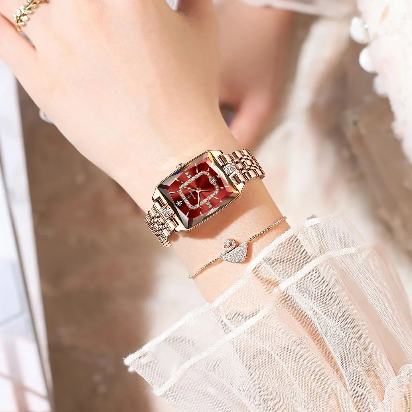 Luxury Rectangle Stainless Steel Women’s Wristwatch | POEDAGAR Waterproof Quartz Watch with Date Display | Ideal Gift for Her