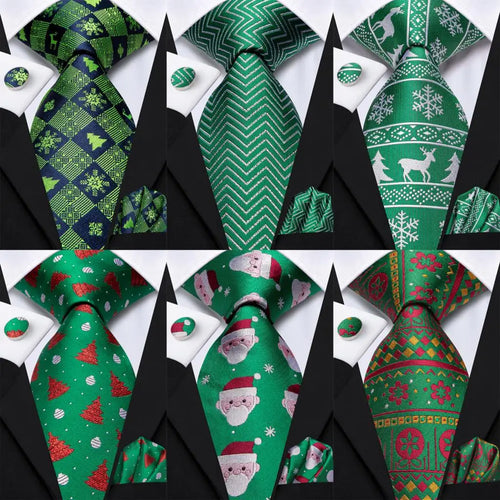 Men's Wedding Accessory with Christmas Tie in Greeen, Red, Blue, & Other Colors - Chic Italian-designed necktie with a pocket square cufflink set -   Perfect gift for men.