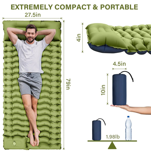 Ultralight Camping Sleeping Pad with Built-in Pillow & Foot Pump – Inflatable Mattress for Hiking, Backpacking, Beach & Outdoor Adventures