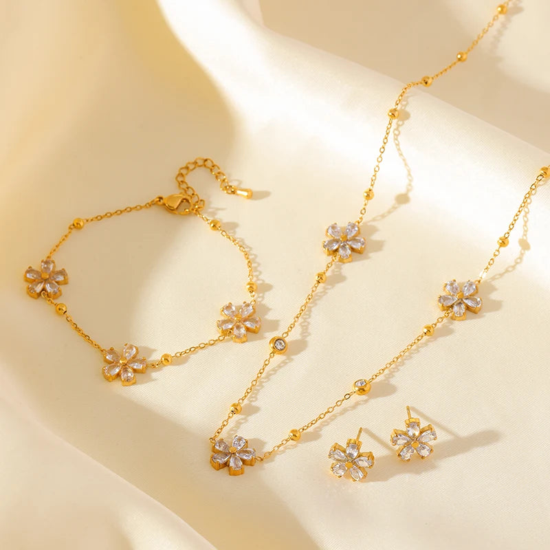 EILIECK 316L Stainless Steel White Zirconia Flower Petal Necklace Bracelet Earrings Set For Women New Trendy Jewelry Party Gift