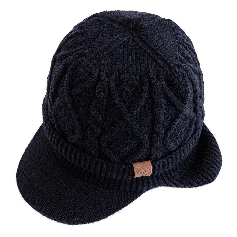 Unisex Winter Beanie with Brim and Ear Flaps, Fleece Lined Warm Knit Hat for Men Women Outdoor Thermal Stocking Cap
