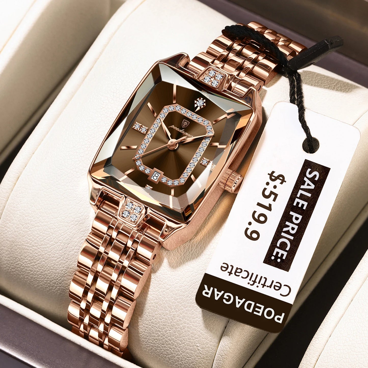 Luxury Rectangle Stainless Steel Women’s Wristwatch | POEDAGAR Waterproof Quartz Watch with Date Display | Ideal Gift for Her