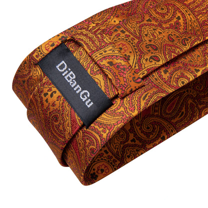 Luxury Orange Paisley Men's Tie Set for Business, Office, Party, Wedding| 3.15 Inch Silk Polyester Necktie, Cufflinks & Pocket Square - Perfect Gift for Him