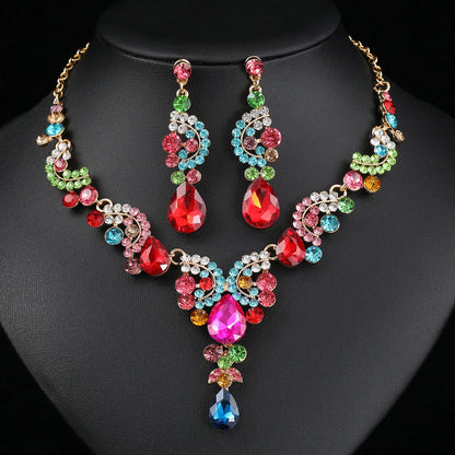 Women's 2pcs Rhinestone Waterdrop Jewelry Set – Blue Red Green White Champagne Pendant Necklace and Earrings for Bride or Special Occasions - Elegant Gift For Her