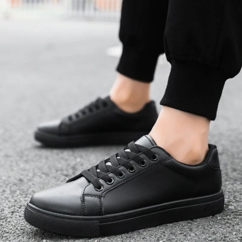 Hot Men’s Fashion Sneakers – Stylish Leather Flat Shoes for Everyday Comfort, White & Black Non-Slip Vulcanized Design - Gift for Him