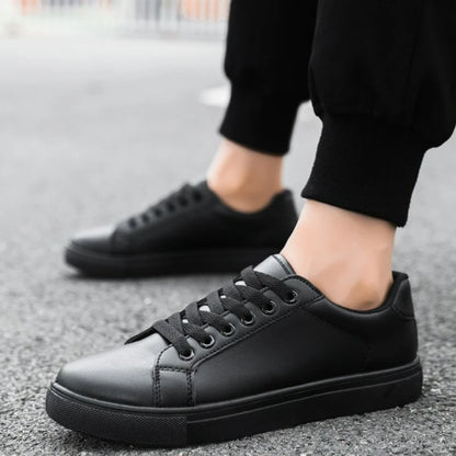 Hot Men’s Fashion Sneakers – Stylish Leather Flat Shoes for Everyday Comfort, White & Black Non-Slip Vulcanized Design - Gift for Him
