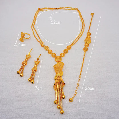 African Indian Gold Jewelry Set for Women – Dubai Style Bridal Tassel Long Necklace, Earrings, Ring & Bangle - Ideal Gift for Her