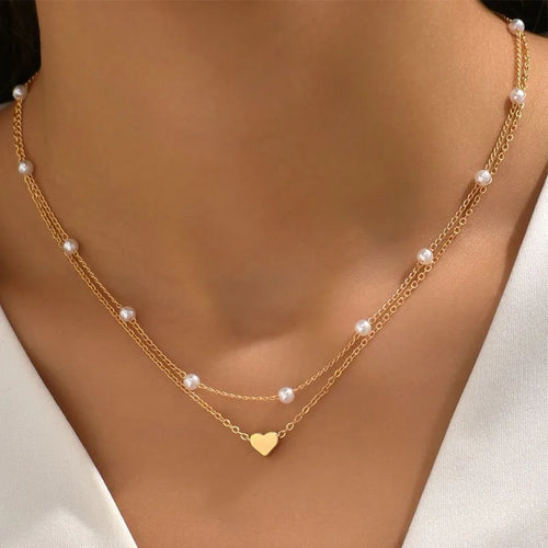 Elegant Layered Chain Jewelry for Women - Minimalist Pearl Heart Choker Necklace With Heart Pendant - Perfect Gift for Her