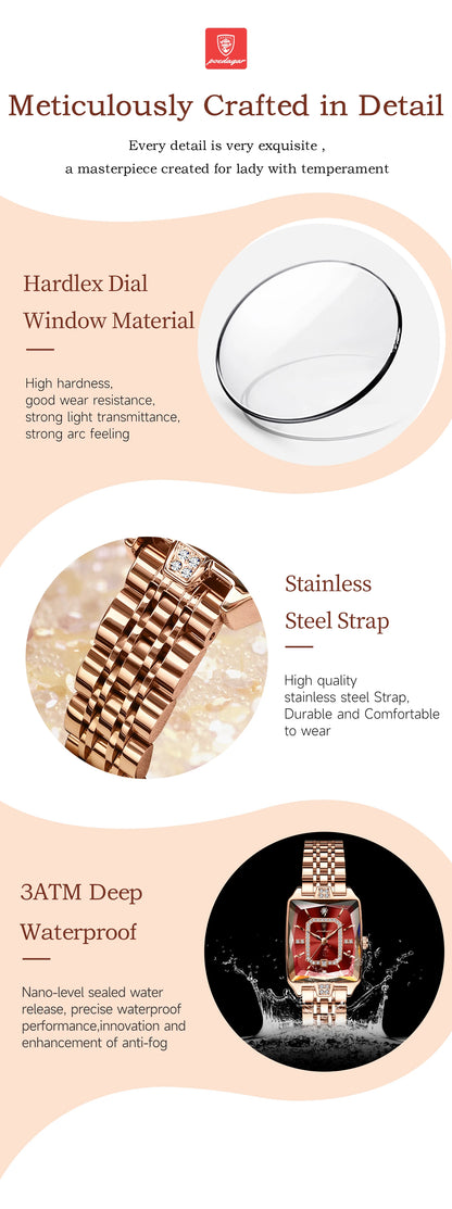 Luxury Rectangle Stainless Steel Women’s Wristwatch | POEDAGAR Waterproof Quartz Watch with Date Display | Ideal Gift for Her