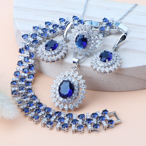 Silver 925 Bridal Jewelry Set for Women - Sets of Natural Wedding Jewels Pendant Necklace Earrings Bracelets Wedding Blue Cubic Zircon - Perfect Gift for Women