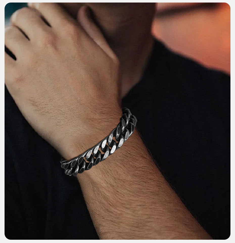 Bold 8mm/12mm Oxidized Stainless Steel Cuban Link Bracelet for Men - Punk Rock Style Wristband for Daily Wear & Party - Perfect Jewelry Gift for Him