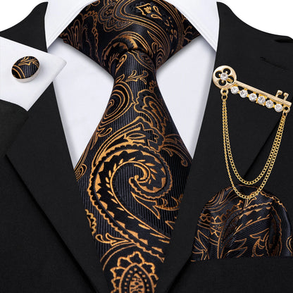 Luxury Floral Paisley Gold Black Silk Tie, Hanky, Cufflinks & Brooch Set - Men's Jacquard Necktie & Accessories for Business, Formal or Wedding - Ideal Gift for Him