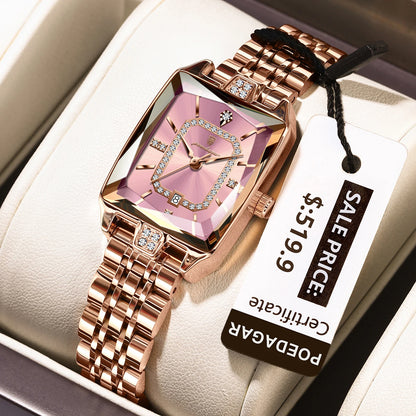 Luxury Rectangle Stainless Steel Women’s Wristwatch | POEDAGAR Waterproof Quartz Watch with Date Display | Ideal Gift for Her