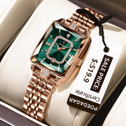 Luxury Rectangle Stainless Steel Women’s Wristwatch | POEDAGAR Waterproof Quartz Watch with Date Display | Ideal Gift for Her