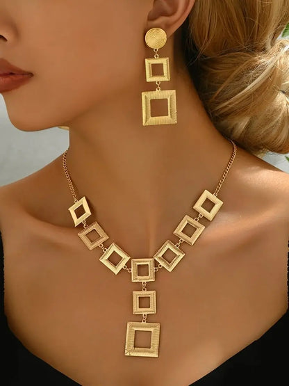 Luxury 14K Gold Geometric Jewelry Set for Women – Electroplated Necklace & Earrings, 316L Stainless Steel - Elegant Gift for Her