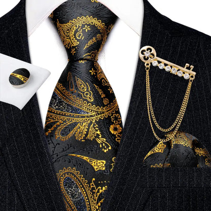 Luxury Floral Paisley Gold Black Silk Tie, Hanky, Cufflinks & Brooch Set - Men's Jacquard Necktie & Accessories for Business, Formal or Wedding - Ideal Gift for Him