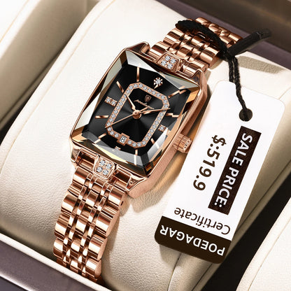 Luxury Rectangle Stainless Steel Women’s Wristwatch | POEDAGAR Waterproof Quartz Watch with Date Display | Ideal Gift for Her