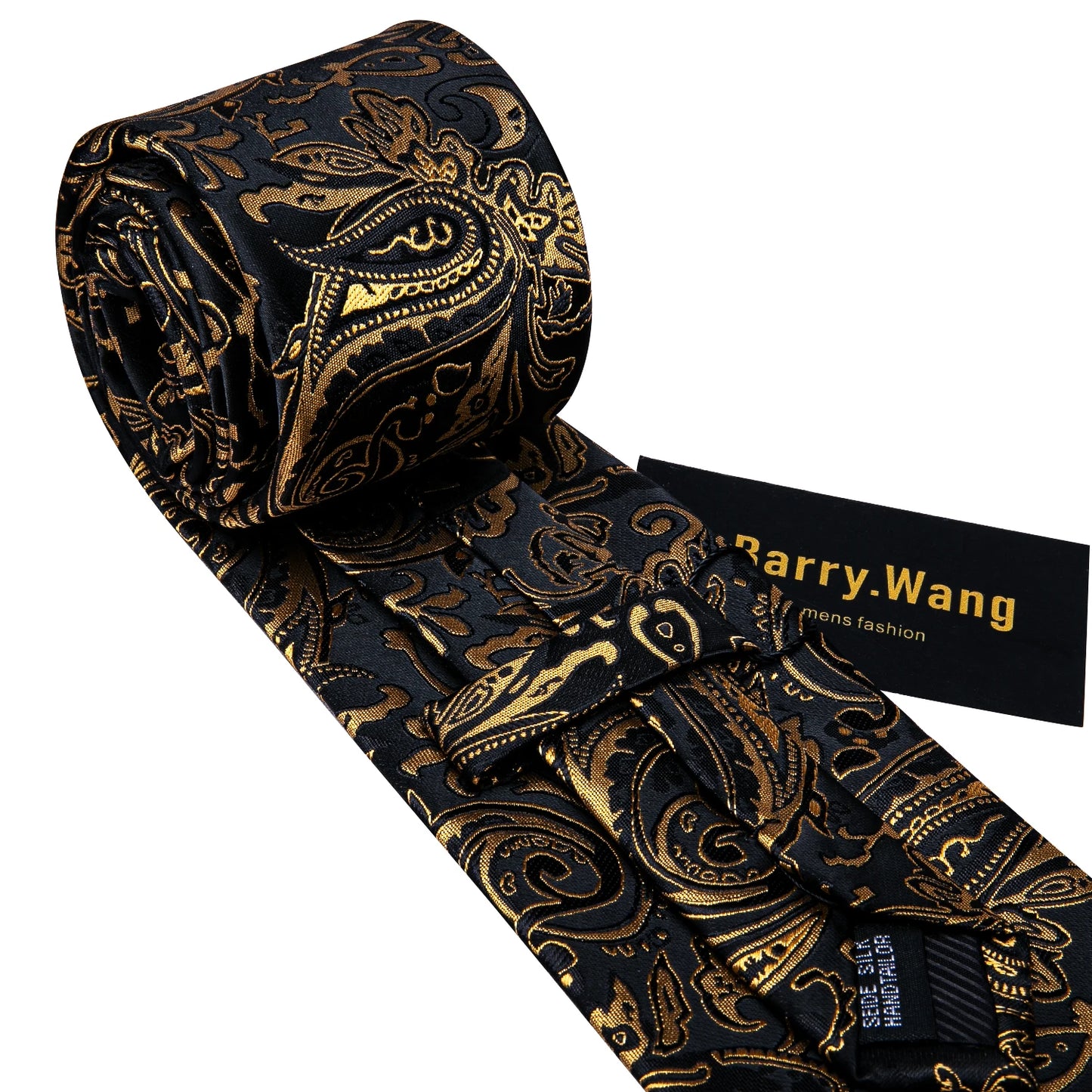 Luxury Floral Paisley Gold Black Silk Tie, Hanky, Cufflinks & Brooch Set - Men's Jacquard Necktie & Accessories for Business, Formal or Wedding - Ideal Gift for Him
