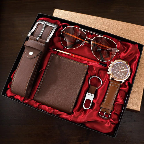 6-in-1 Business Luxury Gift Set for Men:  Watch, Glasses, Pen, Keychain, Belt & Purse - Elegant Gift Set for Men