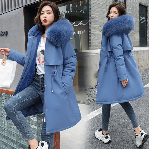 Thick Hooded Winter Jacket for Women : Fur Collar Long Parka with Wool Liner Padded Snow Coat - Ideal Winter Gift for Her