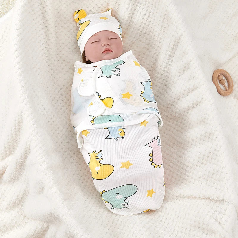 Adjustable Cotton Baby Swaddle Wrap for Newborns - Warm, Soft Blanket Anti-kick Sleepsack Hat Set for Newborns - Excellent gift for Family with Newborn