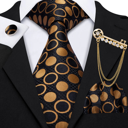 Luxury Floral Paisley Gold Black Silk Tie, Hanky, Cufflinks & Brooch Set - Men's Jacquard Necktie & Accessories for Business, Formal or Wedding - Ideal Gift for Him