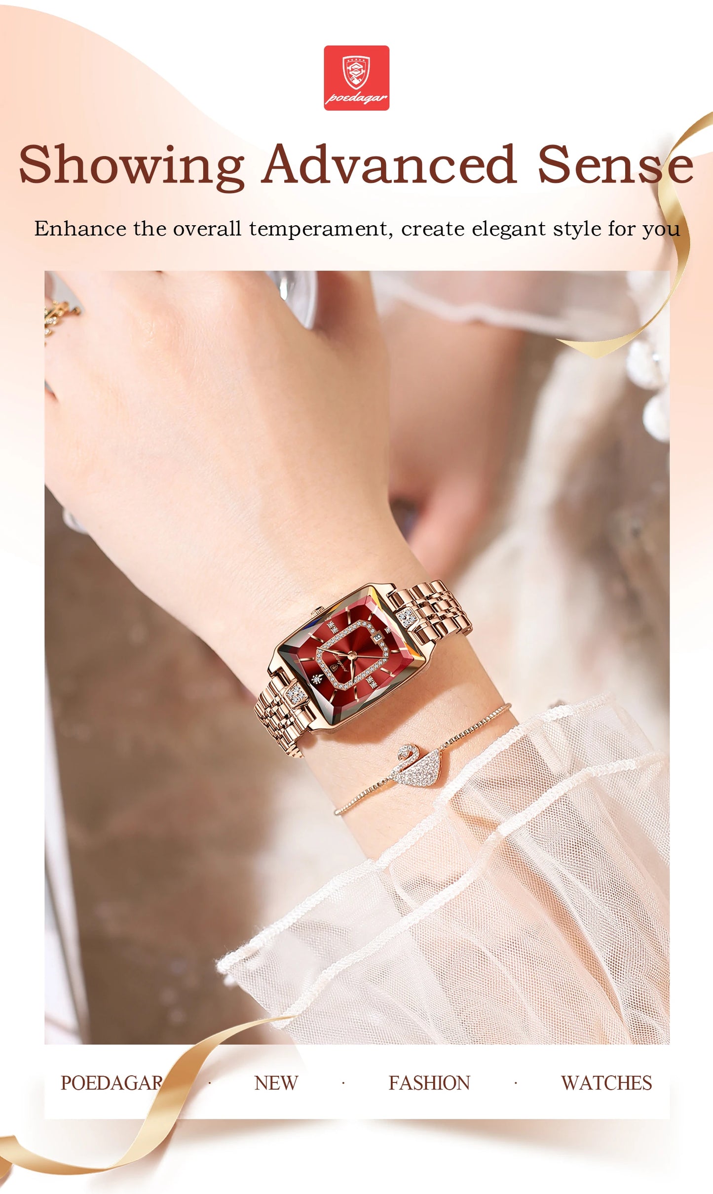 Luxury Rectangle Stainless Steel Women’s Wristwatch | POEDAGAR Waterproof Quartz Watch with Date Display | Ideal Gift for Her
