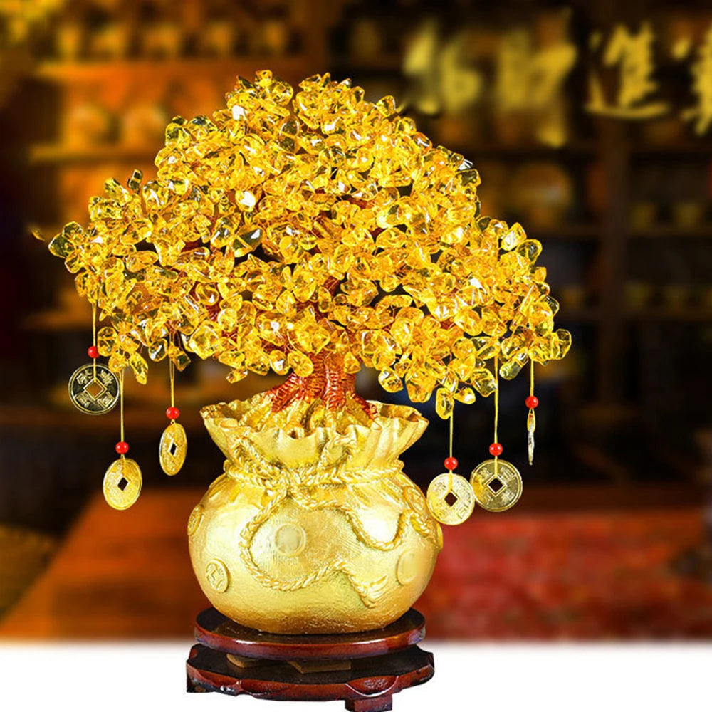 Natural Crystal Shaking Money Tree Desktop Ornament - Prosperity, Luck Enhancing Golden Money Bag Decoration for Desktop, Office, or Christmas - Ideal Gift for Friends & Family