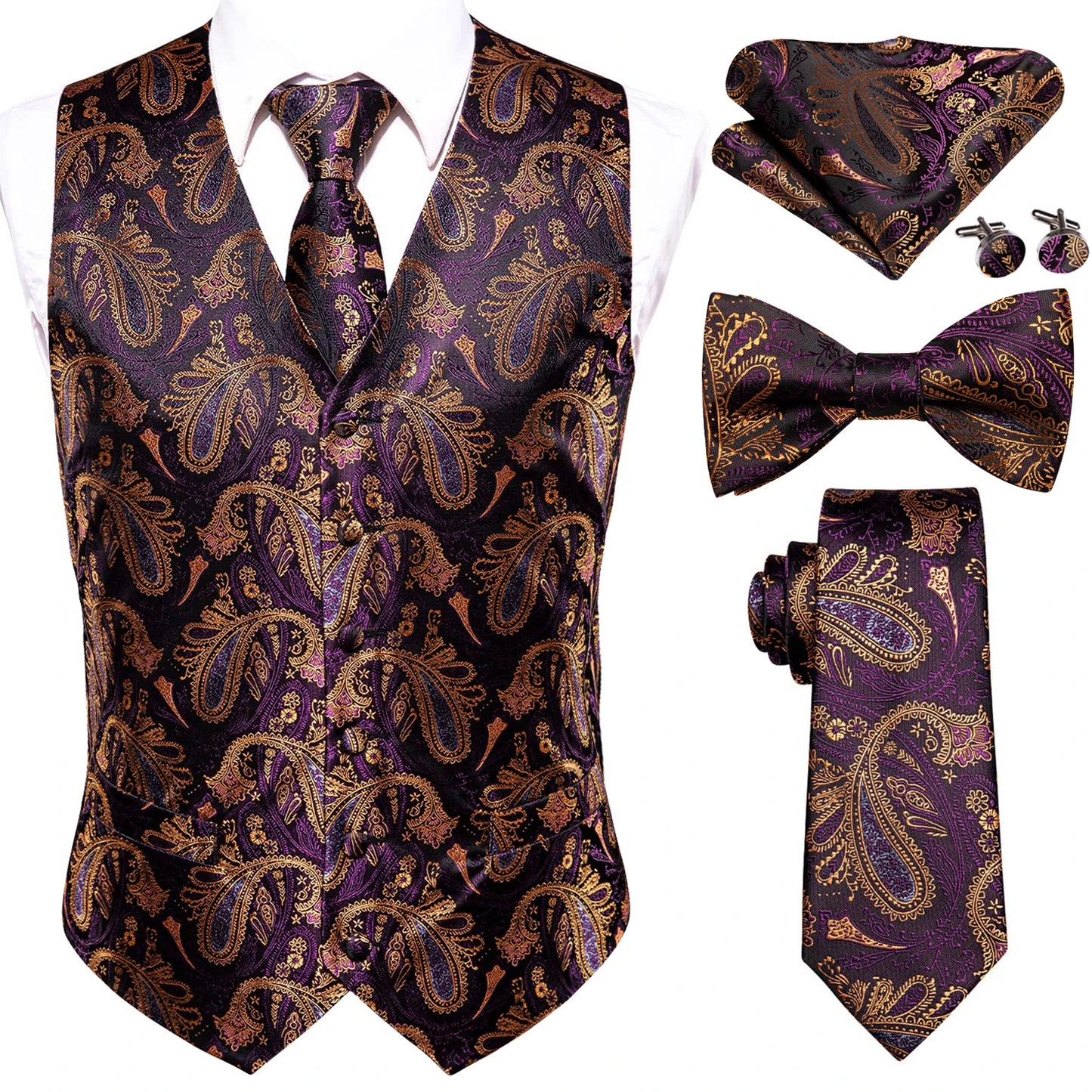 Elegant Men's Formal Silk Vest & Accessories By Hi-Tie | Waistcoat Set with Tie, Bowtie, Hanky, Cufflinks for Business, Office, Party, Wedding - Ideal Gift for Him