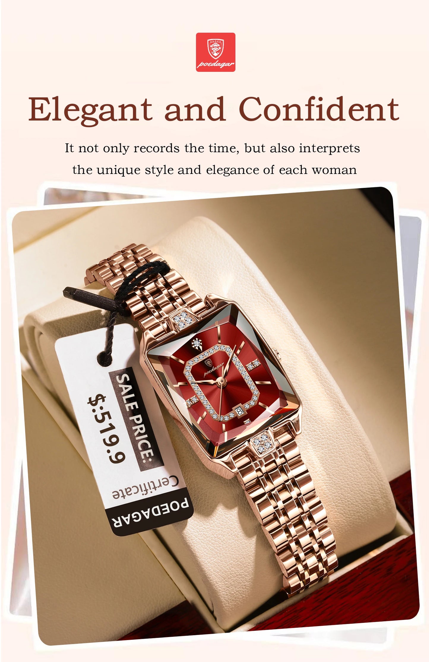 Luxury Rectangle Stainless Steel Women’s Wristwatch | POEDAGAR Waterproof Quartz Watch with Date Display | Ideal Gift for Her