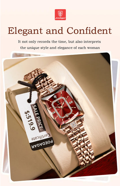 Luxury Rectangle Stainless Steel Women’s Wristwatch | POEDAGAR Waterproof Quartz Watch with Date Display | Ideal Gift for Her