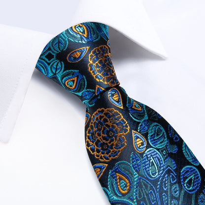 Luxury Orange Paisley Men's Tie Set for Business, Office, Party, Wedding| 3.15 Inch Silk Polyester Necktie, Cufflinks & Pocket Square - Perfect Gift for Him