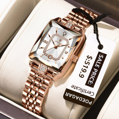 Luxury Rectangle Stainless Steel Women’s Wristwatch | POEDAGAR Waterproof Quartz Watch with Date Display | Ideal Gift for Her