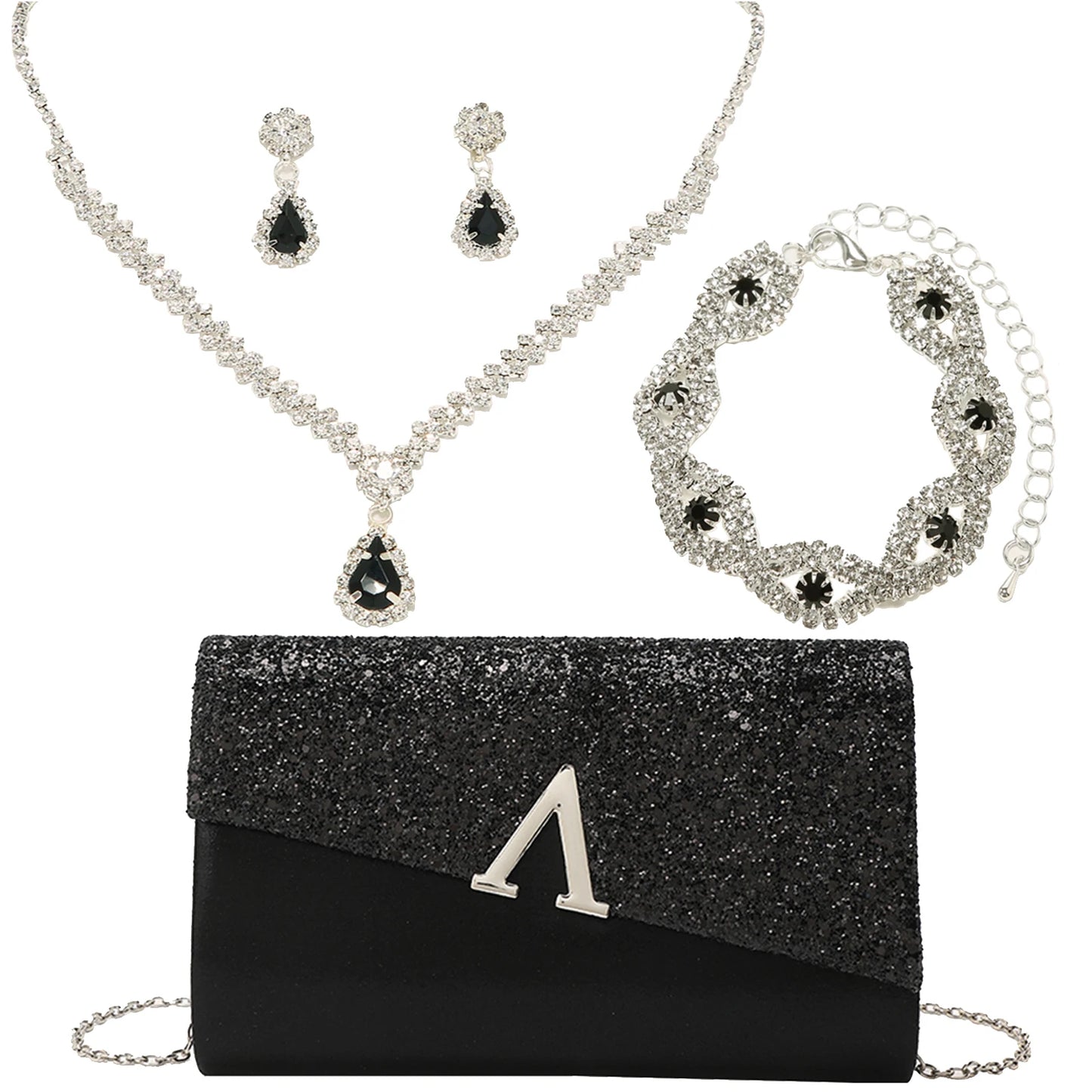 4PCS Evening Purse and Jewelry Set for Women – Glitter Clutch with Matching Necklace, Earrings & Bracelet for Banquet or Bridal Events - Elegant Gift for Her