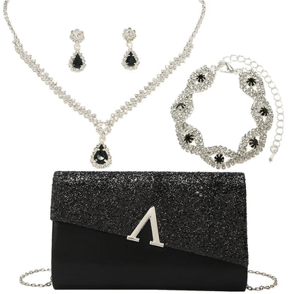 4PCS Evening Purse and Jewelry Set for Women – Glitter Clutch with Matching Necklace, Earrings & Bracelet for Banquet or Bridal Events - Elegant Gift for Her