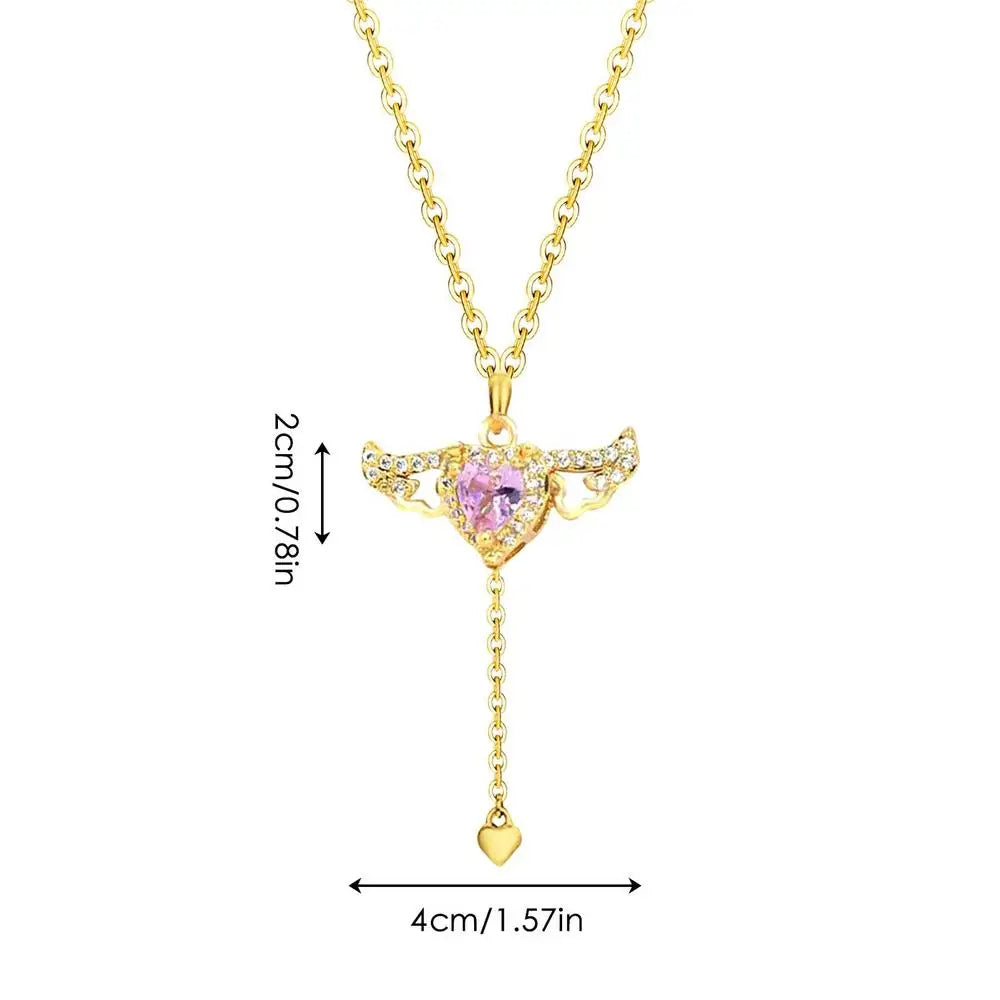 Titanium Steel Moving Angel Wings Pendant Heart Crystal Necklace | Pink Heart Cross Necklace | Ideal Gift for Women