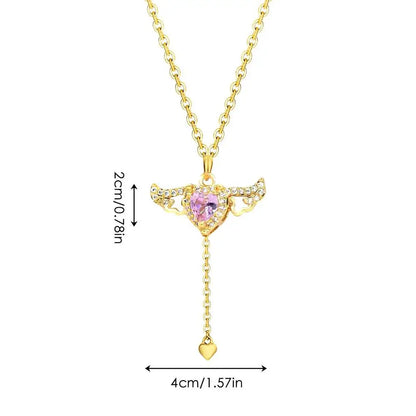 Titanium Steel Moving Angel Wings Pendant Heart Crystal Necklace | Pink Heart Cross Necklace | Ideal Gift for Women