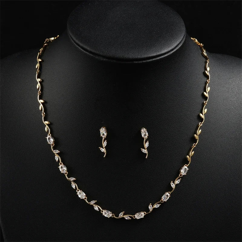 Women's Wedding Accessories Uilz Leaf Earrings & Necklace with Zircon Embellishments - Perfect Gift for Women