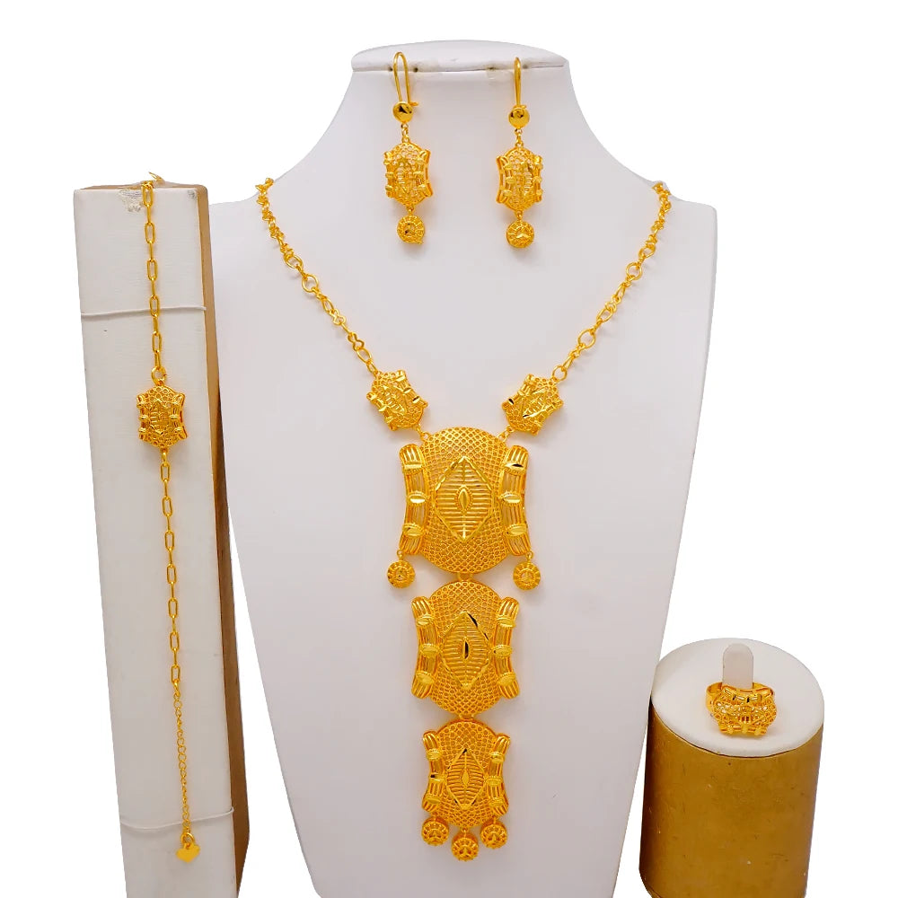 African Indian Gold Jewelry Set for Women – Dubai Style Bridal Tassel Long Necklace, Earrings, Ring & Bangle - Ideal Gift for Her