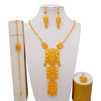 African Indian Gold Jewelry Set for Women – Dubai Style Bridal Tassel Long Necklace, Earrings, Ring & Bangle - Ideal Gift for Her