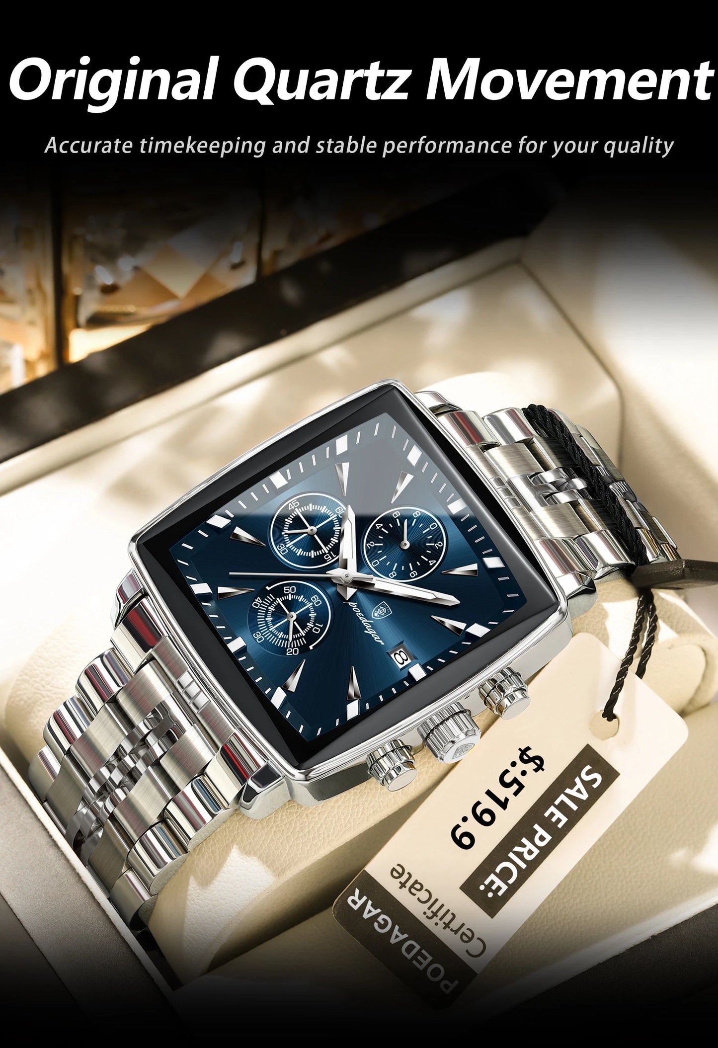 POEDAGAR Square Men’s Watch, Waterproof – Premium Stainless Steel Chronograph with Luminous Display Casual Wrist Watch. Gift for all.