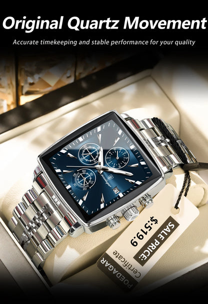 POEDAGAR Square Men’s Watch, Waterproof – Premium Stainless Steel Chronograph with Luminous Display Casual Wrist Watch. Gift for all.