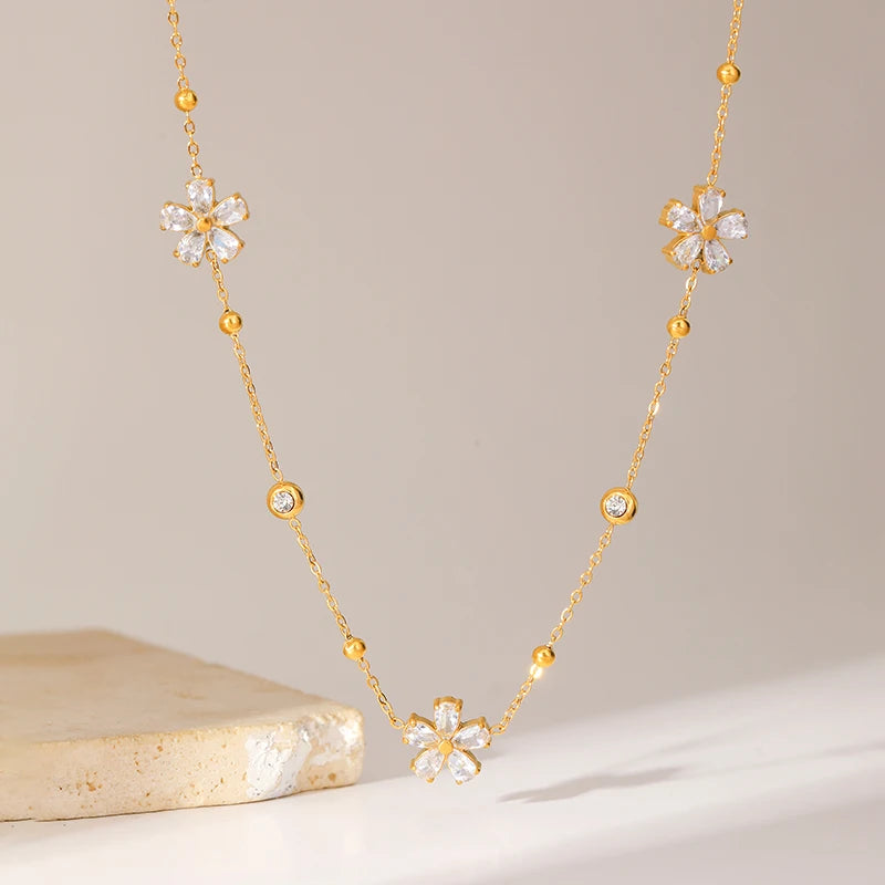 EILIECK 316L Stainless Steel White Zirconia Flower Petal Necklace Bracelet Earrings Set For Women New Trendy Jewelry Party Gift