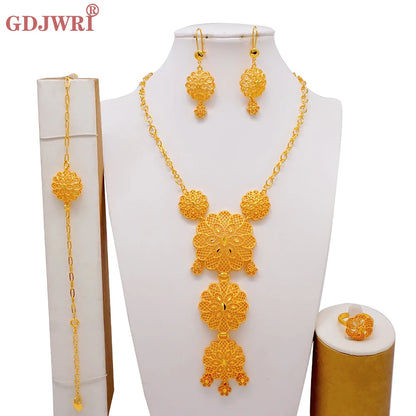 African Indian Gold Jewelry Set for Women – Dubai Style Bridal Tassel Long Necklace, Earrings, Ring & Bangle - Ideal Gift for Her