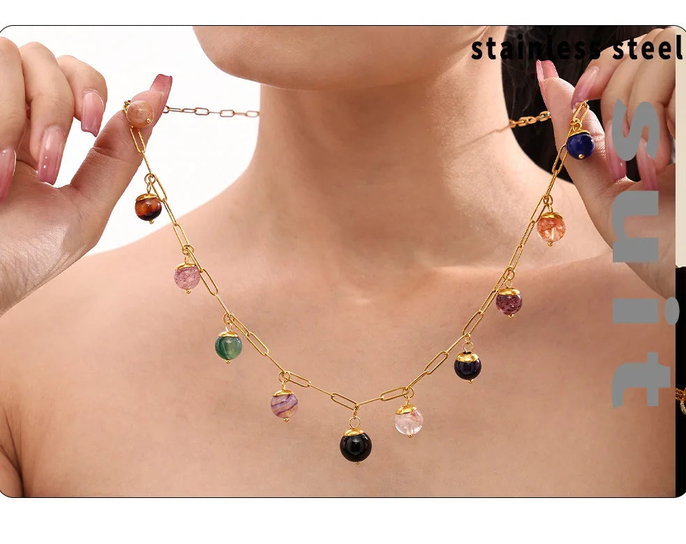 eye-catcher Round Nature Stones Necklace For Women Stainless Steel Chain Gold Plated Fashion Charm Jewelry Gift