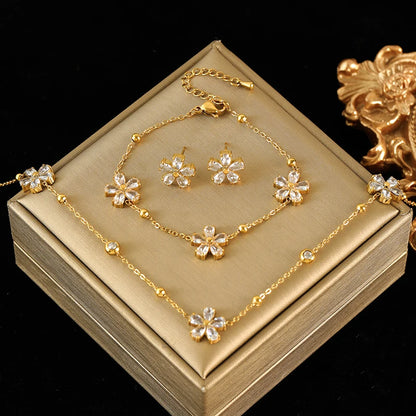 EILIECK 316L Stainless Steel White Zirconia Flower Petal Necklace Bracelet Earrings Set For Women New Trendy Jewelry Party Gift