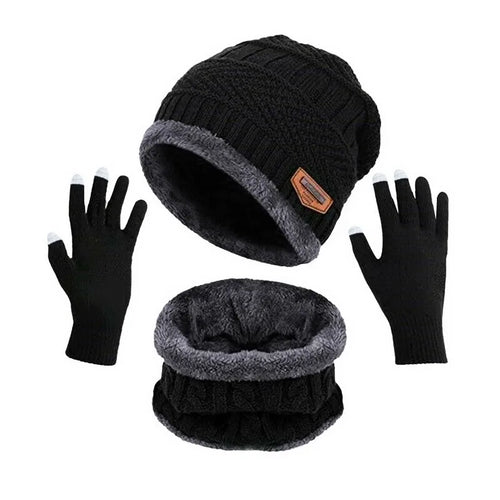 Three-in-One Winter Knitted Beanie Hat with Scarves & Touch Screen Gloves Set: Unisex Style, Windproof Thermal Fleece Cap, Ideal for Walking, Cycling, Outdoor  - Warm Gift for Everyone