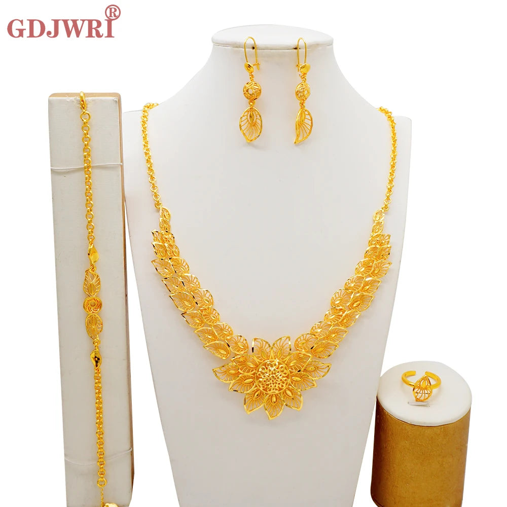 African Indian Gold Jewelry Set for Women – Dubai Style Bridal Tassel Long Necklace, Earrings, Ring & Bangle - Ideal Gift for Her