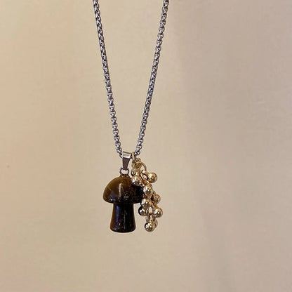 Spotted Tiger Eye Stone Mushroom Pendant Long Versatile Clavicle Chain Necklace for Women's Niche Exquisite Accessories